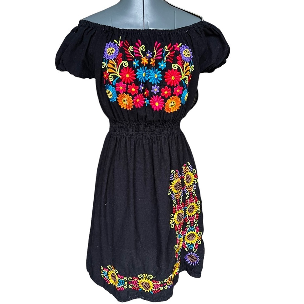 Black cotton embroidered midi dress Handcrafted in Mexico-off shoulder. SZ-MED